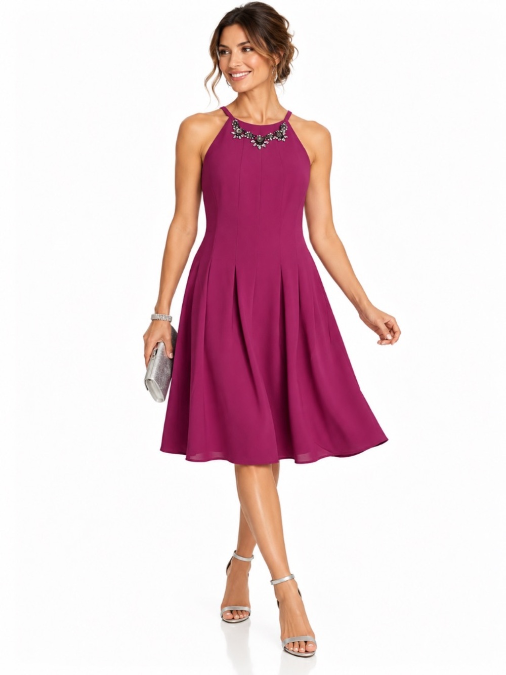 Adrianna Papell Magenta Jewel Haler Neck Coquette Romantic Pleated Dress Size 10
